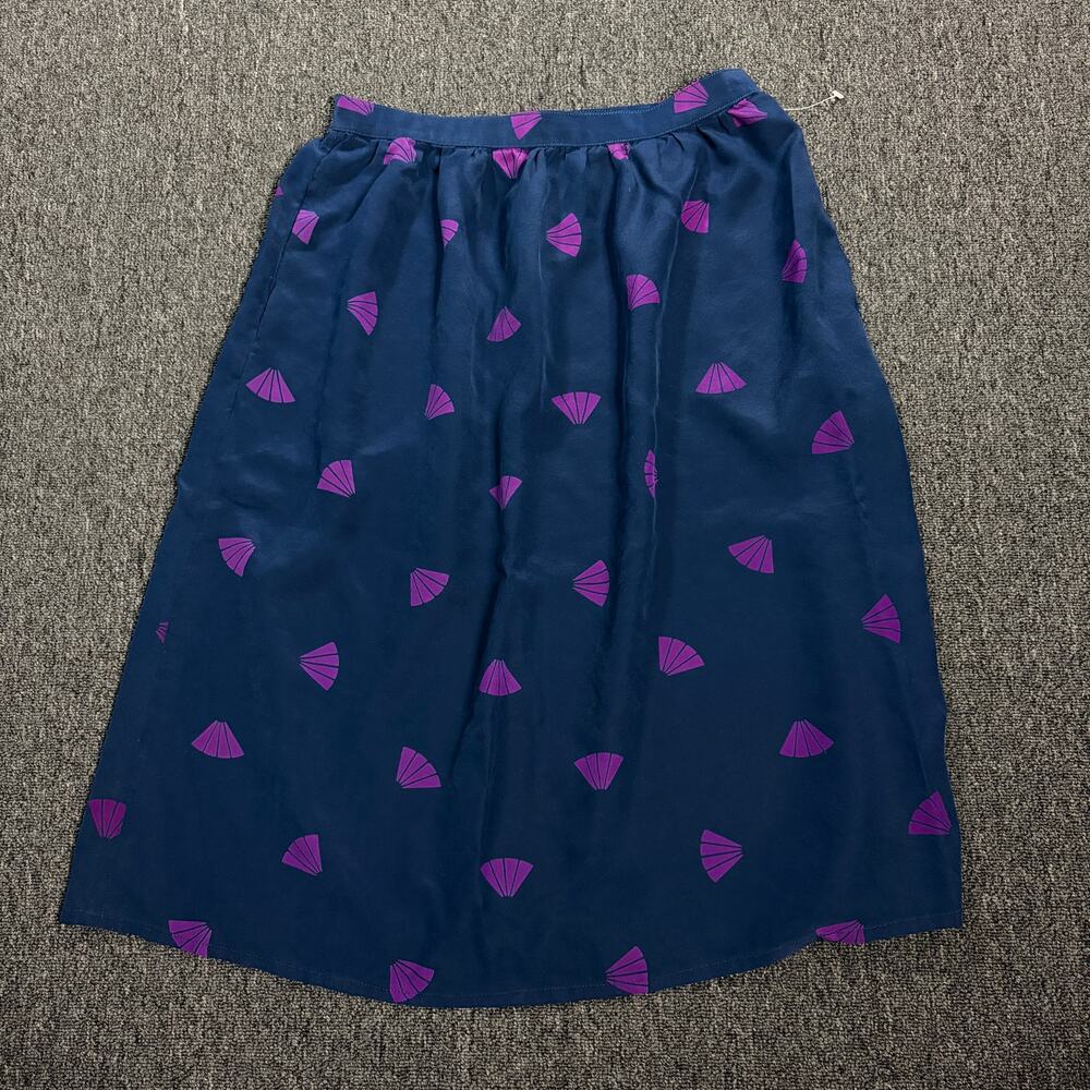 Vintage Y2k Silk Navy Purple Abstract Midi Flow Aline Skirt Women's Small
